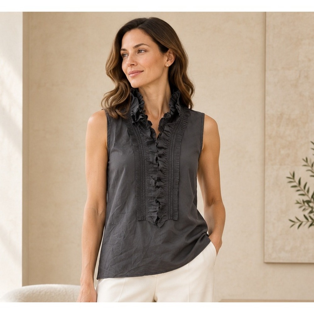 J.Crew Silk Blouse Victorian Style Ruffle High Neck Charcoal Grey Women 8 Luxury
